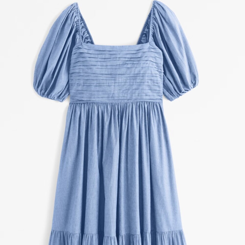 NWOT A&F Emerson Poplin Puff Sleeve Midi Dress - blue pinstripe Large Petite